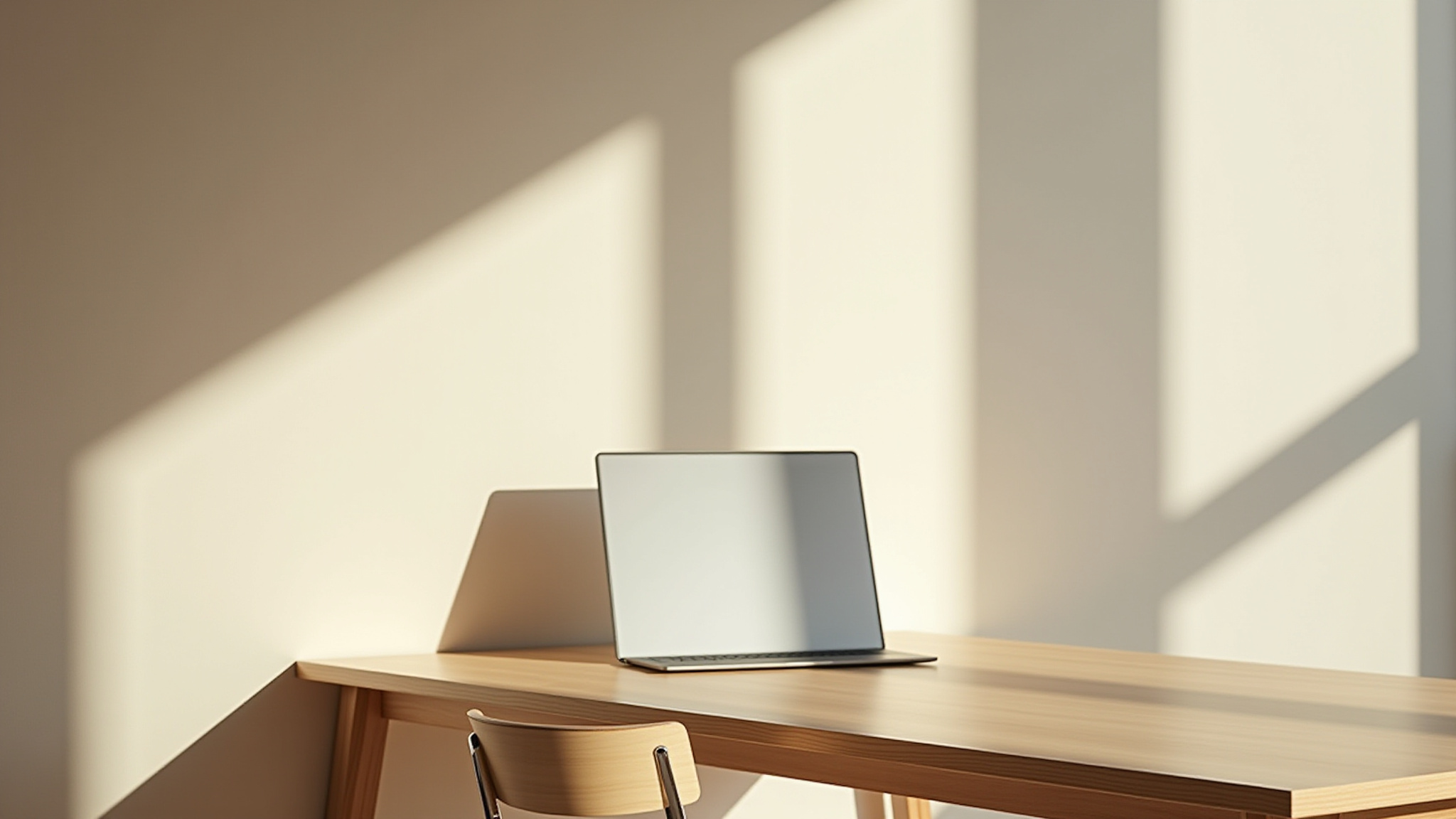 Sunlit workspace with laptop on a wooden desk