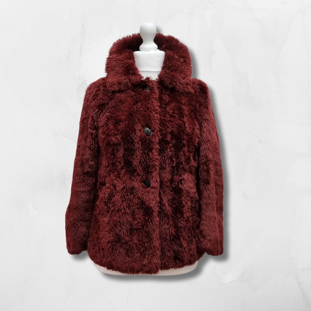 Topshop burgundy faux fur coat. Uk 8