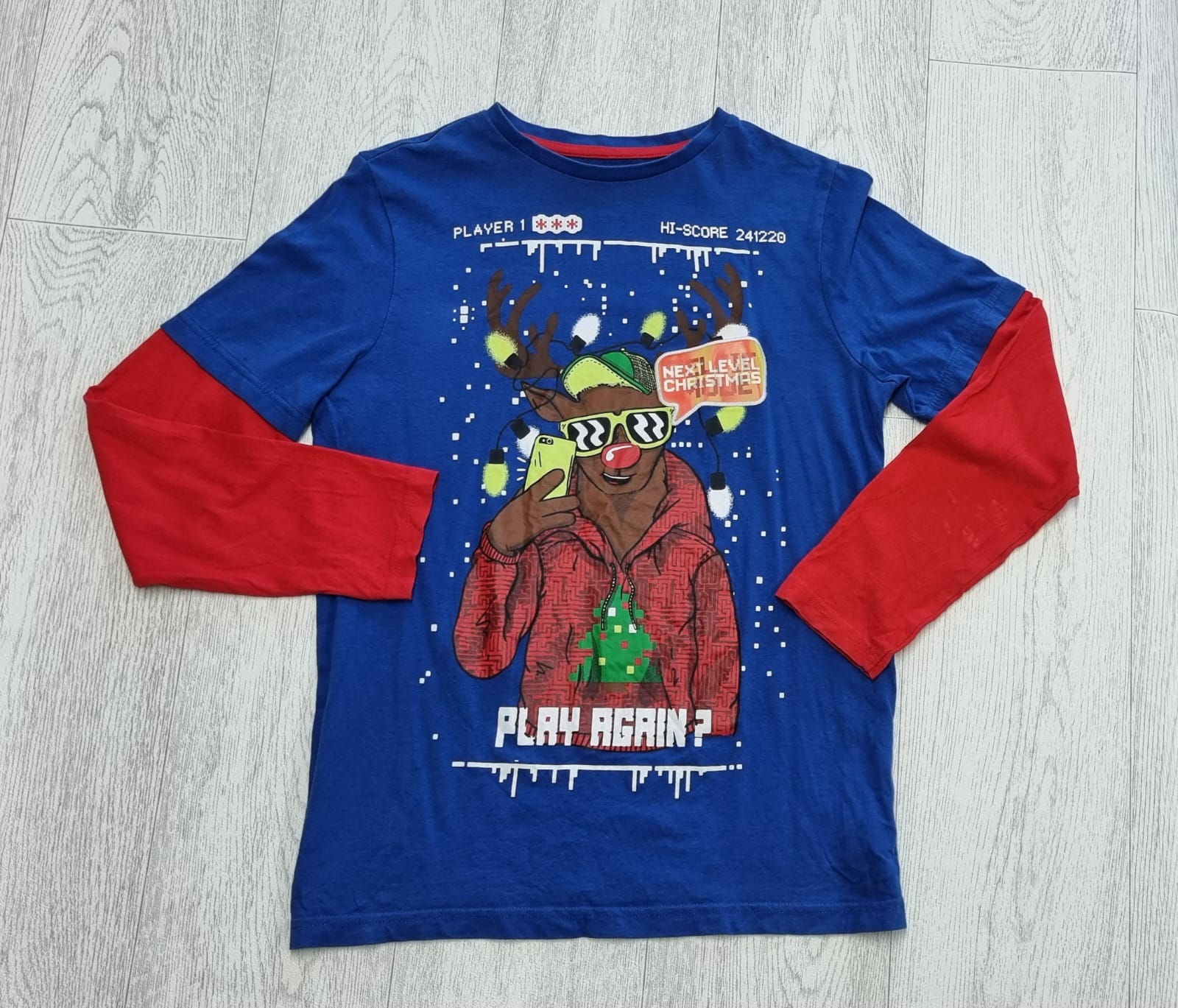 F&F blue Reindeer top. 11-12yrs