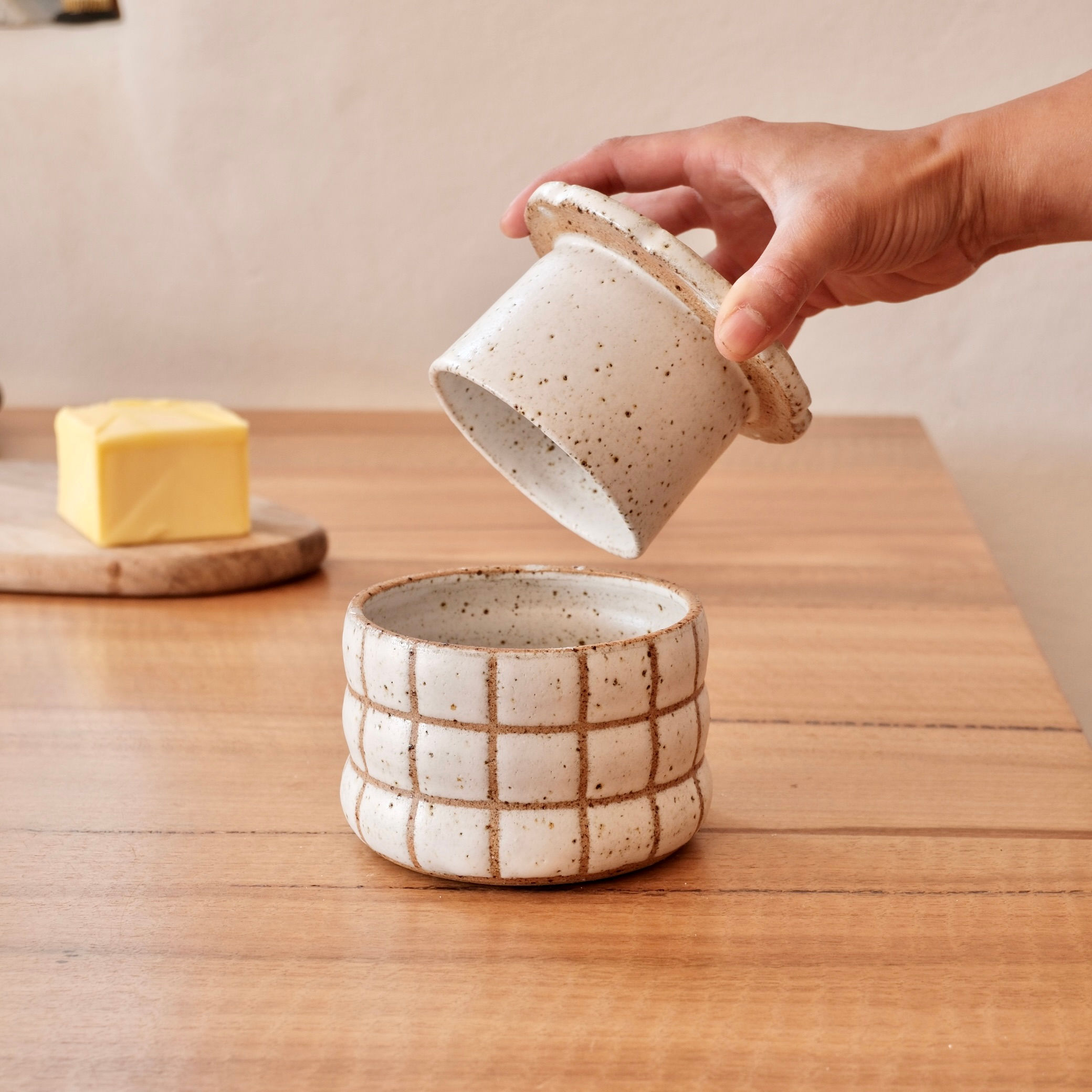 White Checked Butter Crock