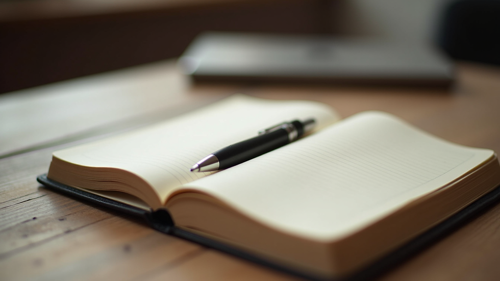 Close-up view of a journal and pen on a wooden table during a workshop