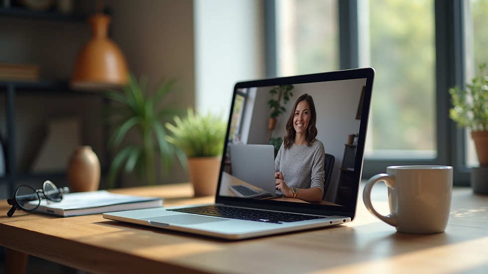Eye-level view of a laptop on a desk with a health coaching session on screen