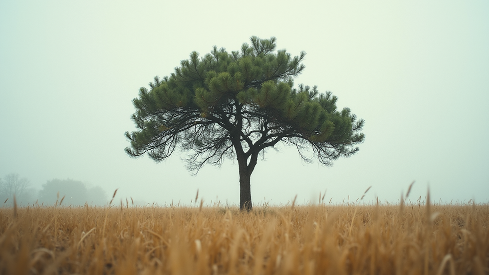 Eye-level view of a sturdy tree standing tall in a windy field