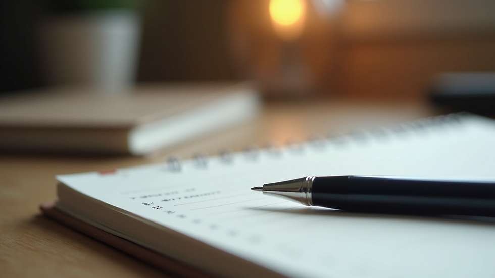 Close-up view of a journal and pen on a wooden desk
