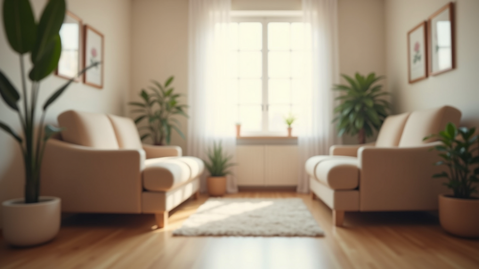 Eye-level view of a calm therapy room with soft lighting and comfortable seating