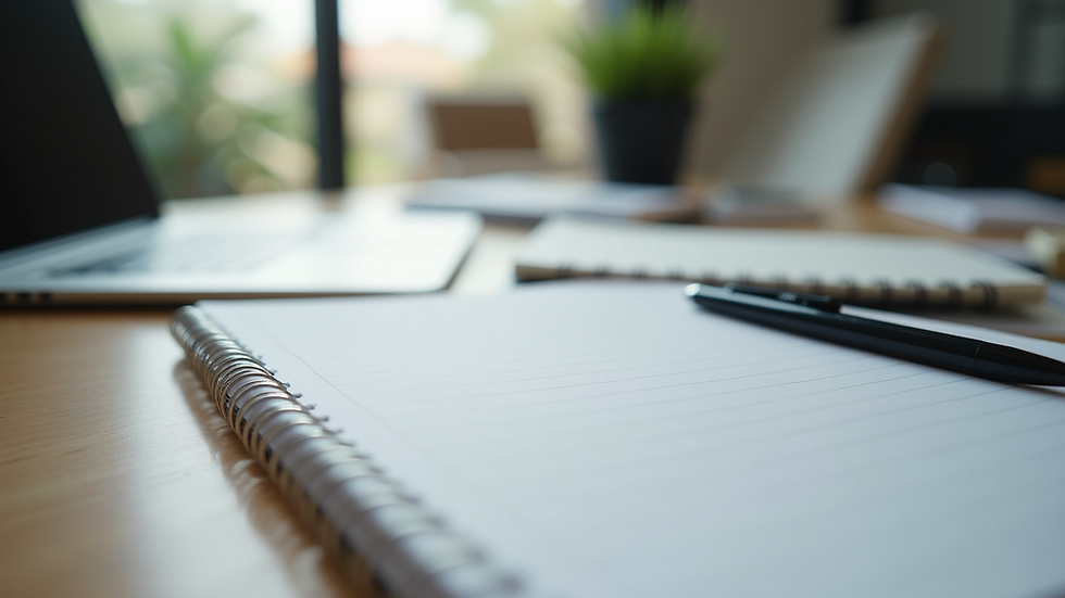 Eye-level view of a calm workspace with a notebook and pen ready for coaching notes