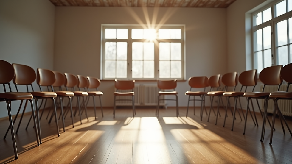 Eye-level view of a calm workshop room with chairs arranged in a circle