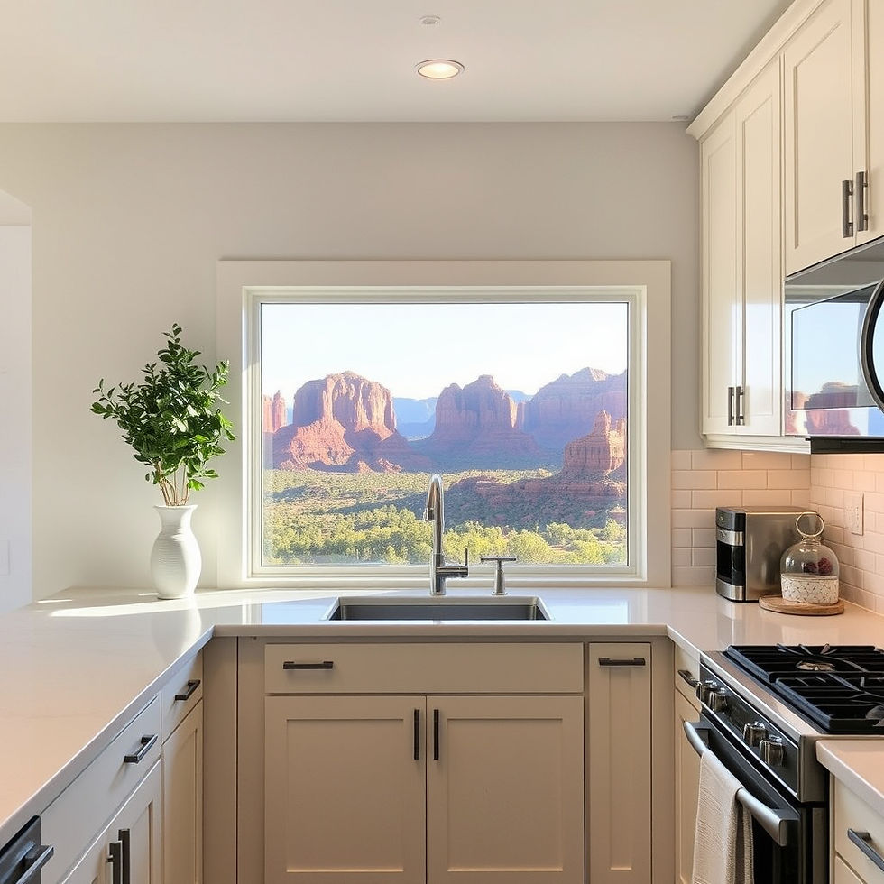 airbnb kitchen with white countertops and ivory cabinets with a window where the view is s