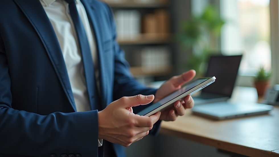 Close-up view of a business consultant presenting a growth strategy on a digital tablet