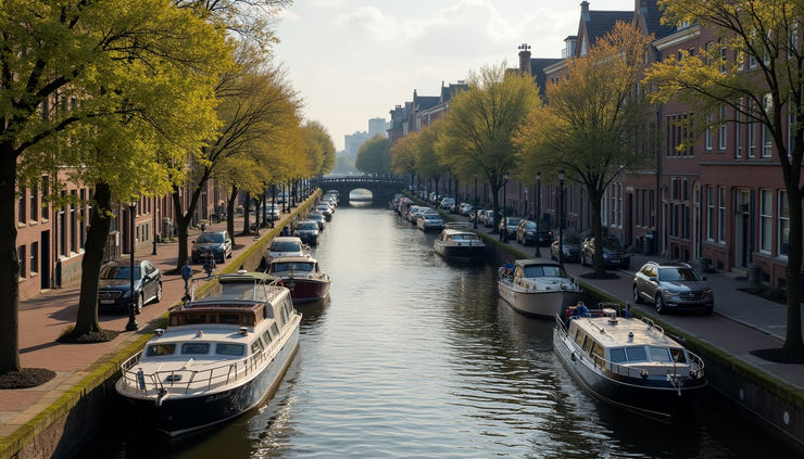 High angle view of the historic C&O Canal in Georgetown with boats docked along the water
