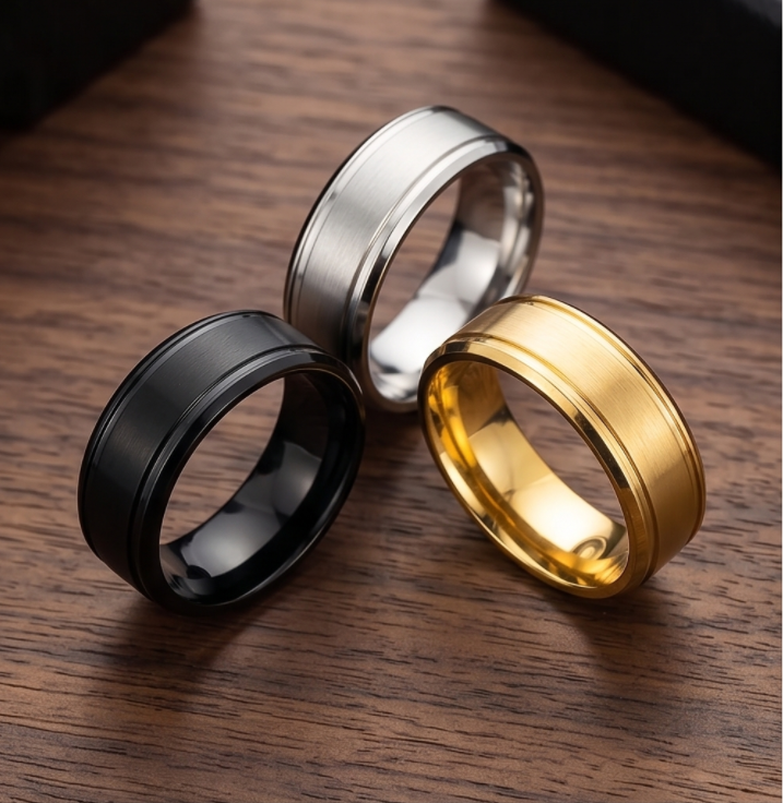 Custom Engraved Men's Wedding Band Double Groove Promise Ring Stainless Steel