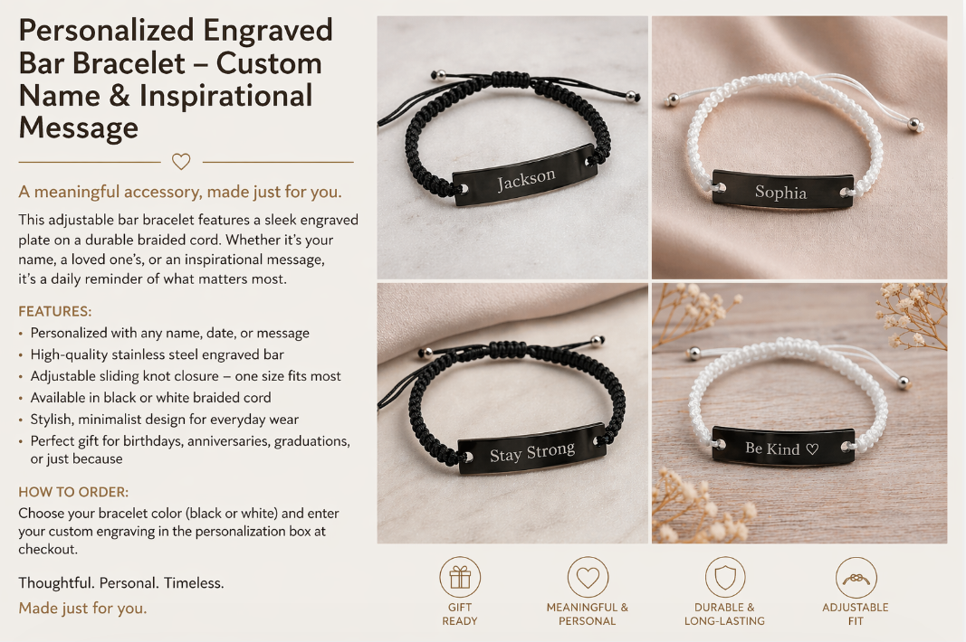 Custom Engraved Black Bar Bracelet Braided Cord Personalized Inspirational Gift