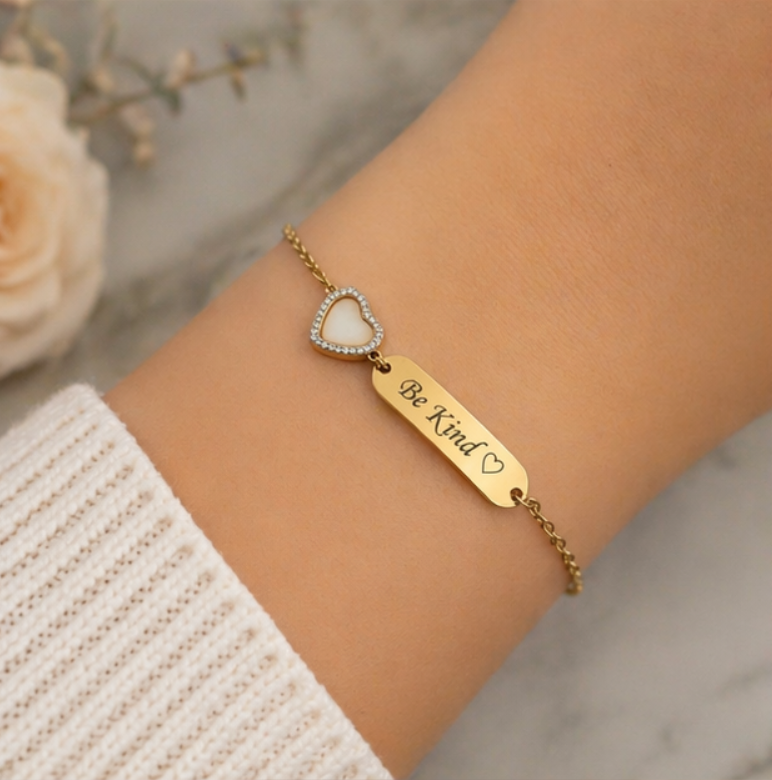 Personalized Mother of Pearl Heart ID Bracelet - 18K Gold Plated Custom Engraved