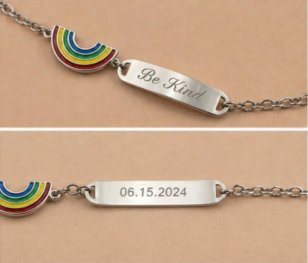 Engraved Silver ID Bar Bracelet Colorful Rainbow Enamel Charm Adjustable Women