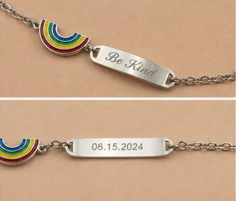 Thumbnail: Engraved Silver ID Bar Bracelet Colorful Rainbow Enamel Charm Adjustable Women