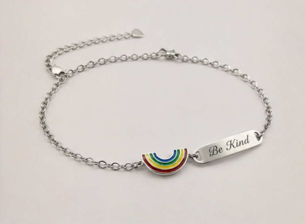 Engraved Silver ID Bar Bracelet Colorful Rainbow Enamel Charm Adjustable Women