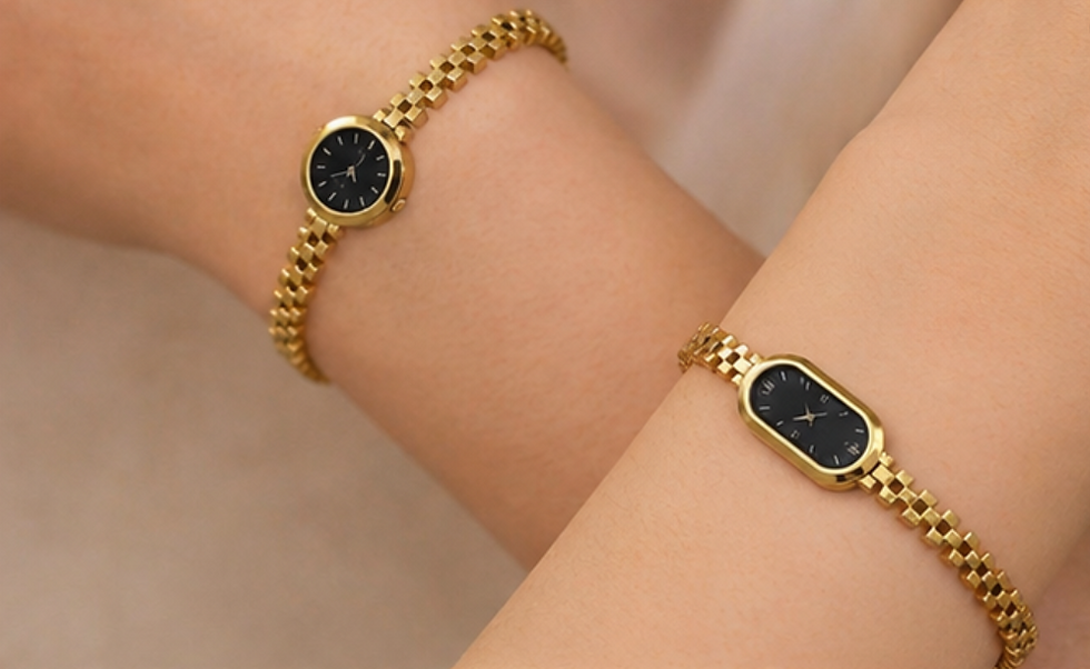 Thumbnail: Personalized Gold Faux Watch Bangle Custom Engraved Bracelet Stainless Steel