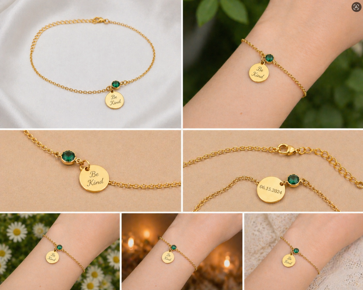 Personalized Birthstone Charm Bracelet Custom Engraved Disc Name Plate Silver