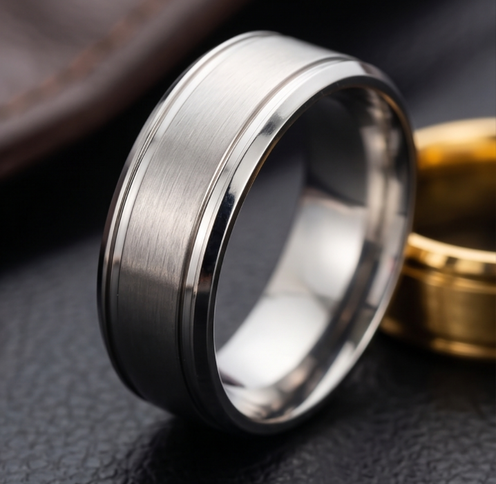 Custom Engraved Men's Wedding Band Double Groove Promise Ring Stainless Steel
