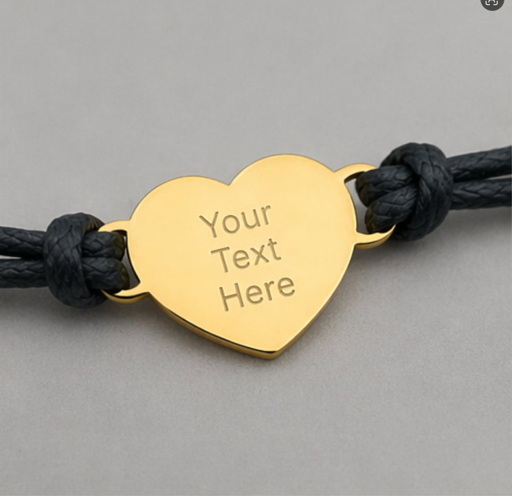 Custom Engraved Heart Bracelet Adjustable Black Cord Personalized Name Gift