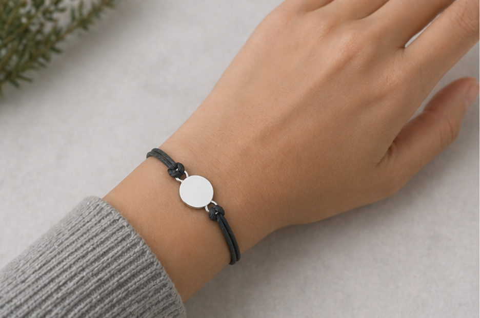 Custom Engraved Circle Bracelet Adjustable Black Cord Personalized Name Gift