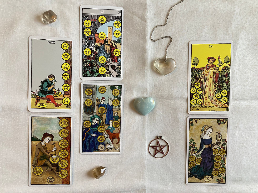 Tarot de Waite, Tarot de Marseille-Waite, Huit des Deniers, Neuf des Deniers, Dix des Deniers