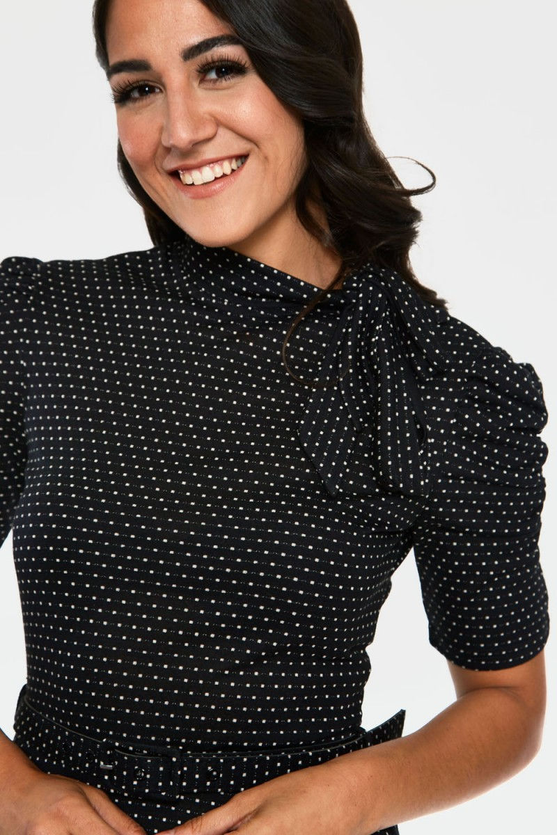 Thumbnail: Voodoo Vixen Curve Posie Black Polka Dot Tie-neck Flared Dress