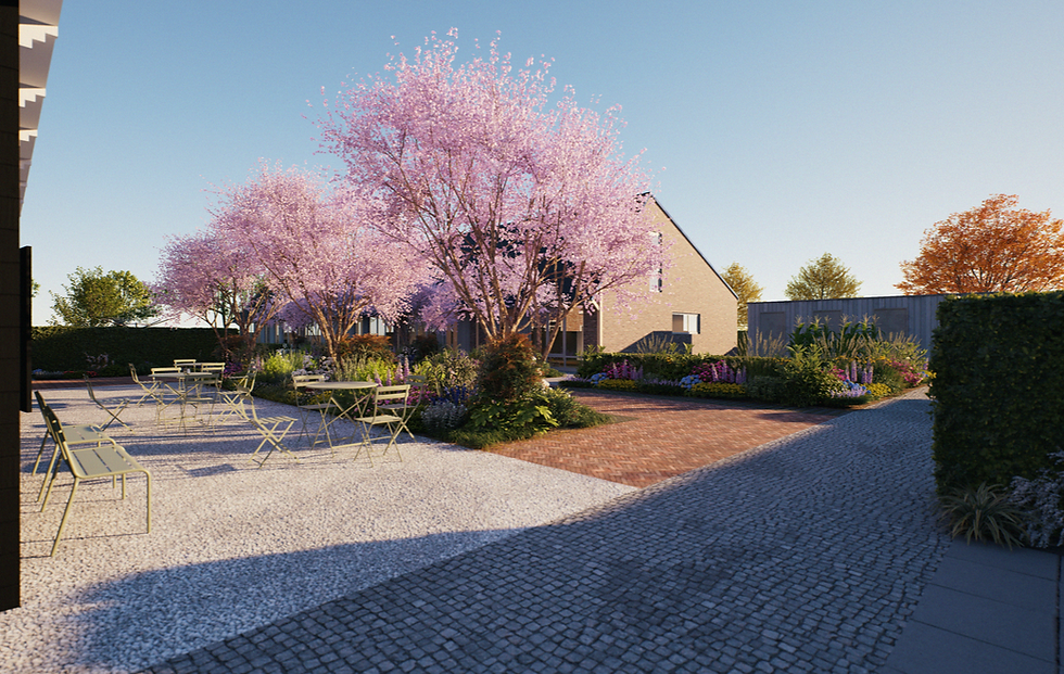Exterieur Artist impression seniorenhofje, ontwikkeld door Blouberg in samenwerking met de initiatiefnemers.