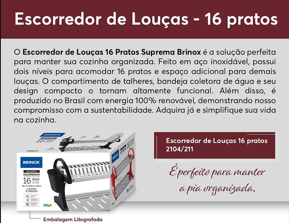 Miniatura: ESCORREDOR DE LOUÇAS 16 PRATOS COM CABO PLASTICO SUPREMA 28x29x52 BRINOX