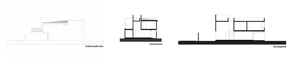 Casa Olguín de COTAPAREDES Arquitectos. Dibujo arquitectónico de una casa. Muestra fachada, corte transversal y longitudinal. Textos: "Fachada a predio vecino", "Corte transversal", "Corte longitudinal".