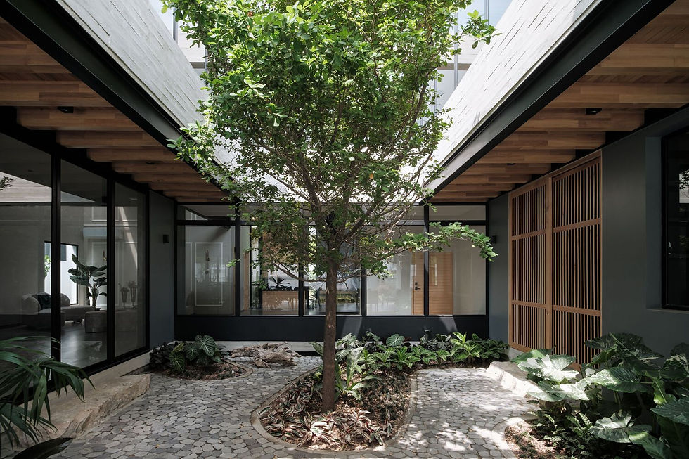 Interior de Casa Akaly de Di Frenna Arquitectos en Isla Mocolí, Ecuador, con patio central, árbol interior, luz natural y diseño residencial contemporáneo. Revista FOCUS Latinoamérica, arquitectura latinoamericana, architecture.