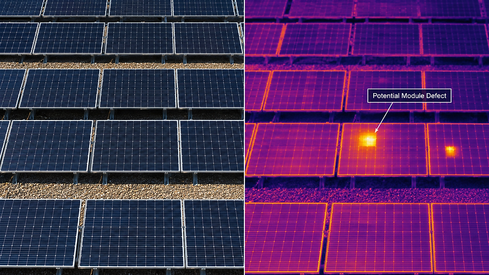 RGB and thermal solar panel comparison showing hotspots and a potential module defect