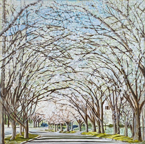 Parkway in the Spring is a celebration of renewal and serenity, capturing a tree-lined street just as the blossoms burst into bloom. Delicate white petals blanket the arching branches, forming a luminous canopy that filters soft spring light onto the quiet road below. The curved path invites the viewer inward, flanked by budding greenery and the hint of a home tucked into the landscape. Painted with graceful detail and a calming palette, this scene evokes the hopeful stillness of early spring—when nature stretches awake, and beauty unfolds in every direction.