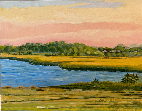Poquoson Marsh captures the golden stillness of Virginia’s coastal wetlands at sunset, where a ribbon of blue water winds through sunlit grasses beneath a sky fading gently from peach to rose. A stand of trees lines the horizon, sheltering a distant home nestled in the greenery, offering a quiet human presence in an otherwise untouched landscape. Painted with warm, earthy tones and soft transitions of light, this piece evokes the tranquility and timeless rhythm of the marsh—a place where land, sky, and water meet in peaceful harmony.