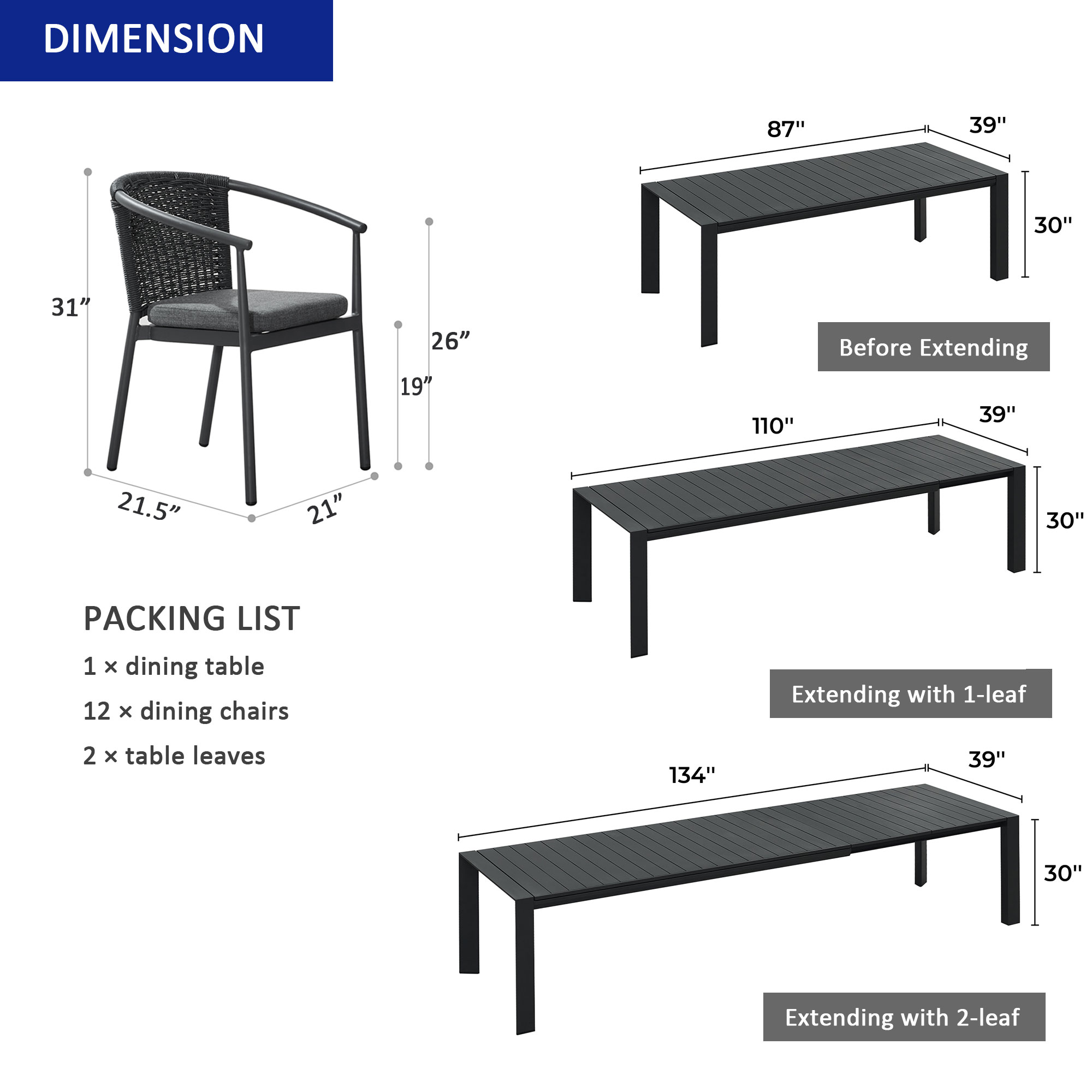 Dimensions of the Lumen extendable dining table and dining chair.