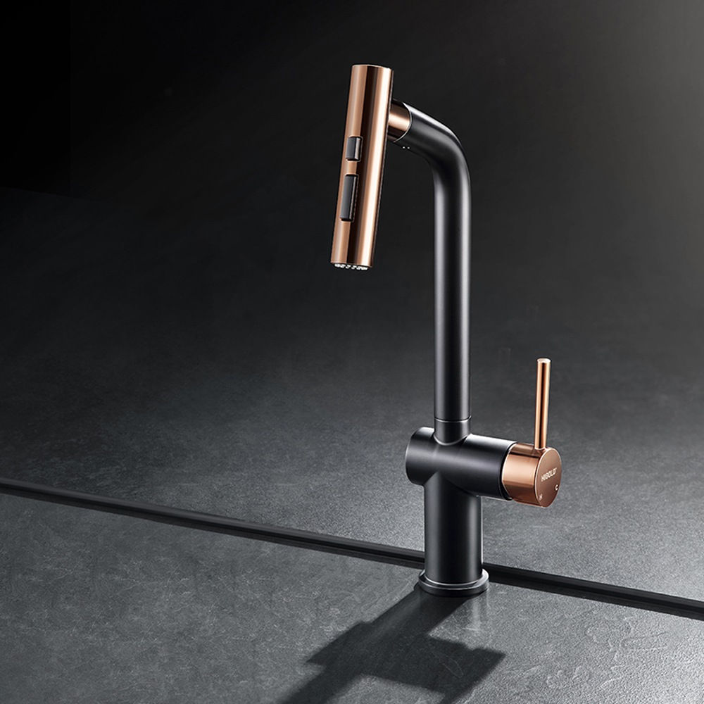 HIGOLD BN 1.0 pull-down kitchen faucet in Rose Gold and Matte Black on a dark countertop