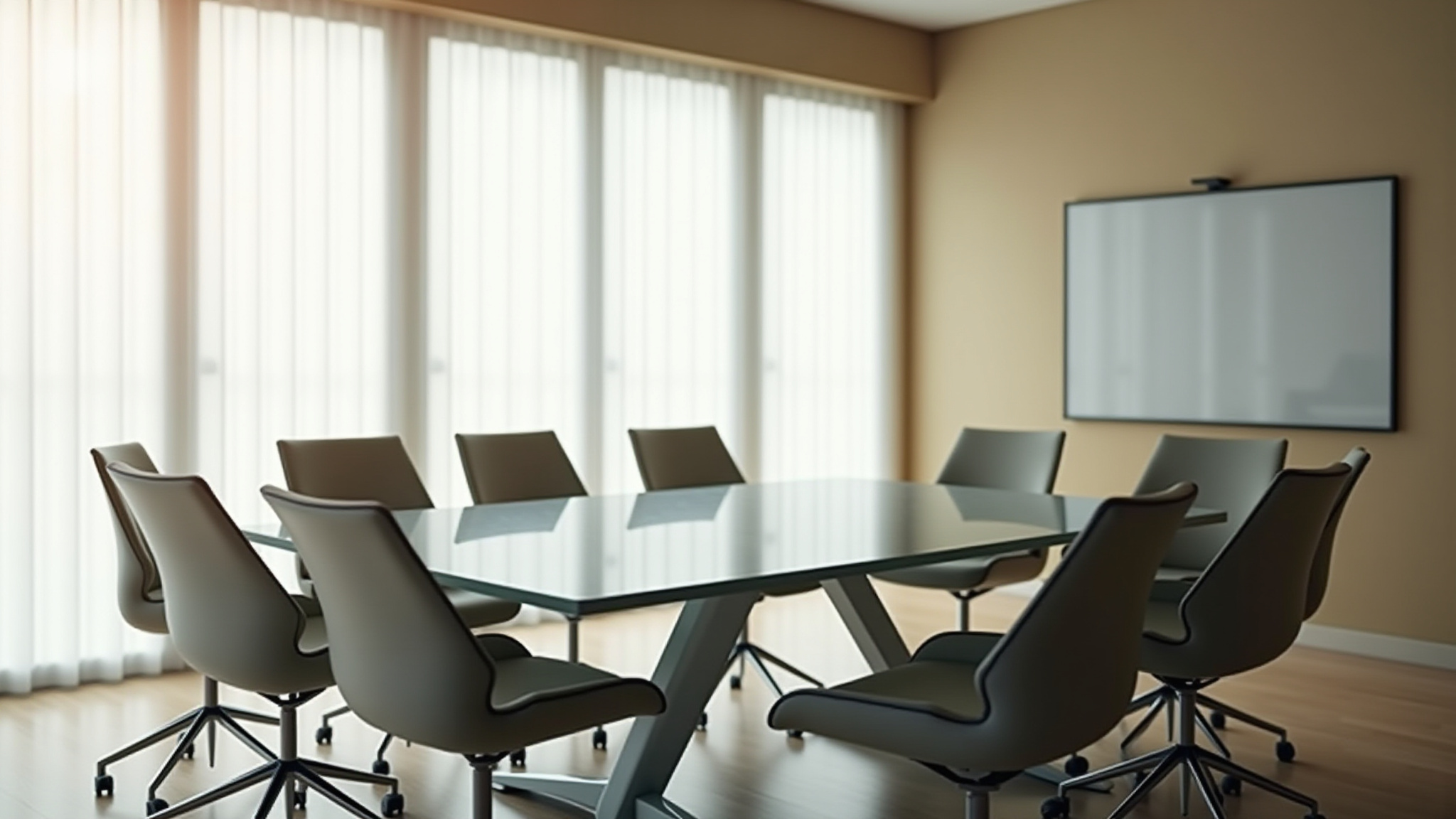 A plain boardroom with chairs and windows