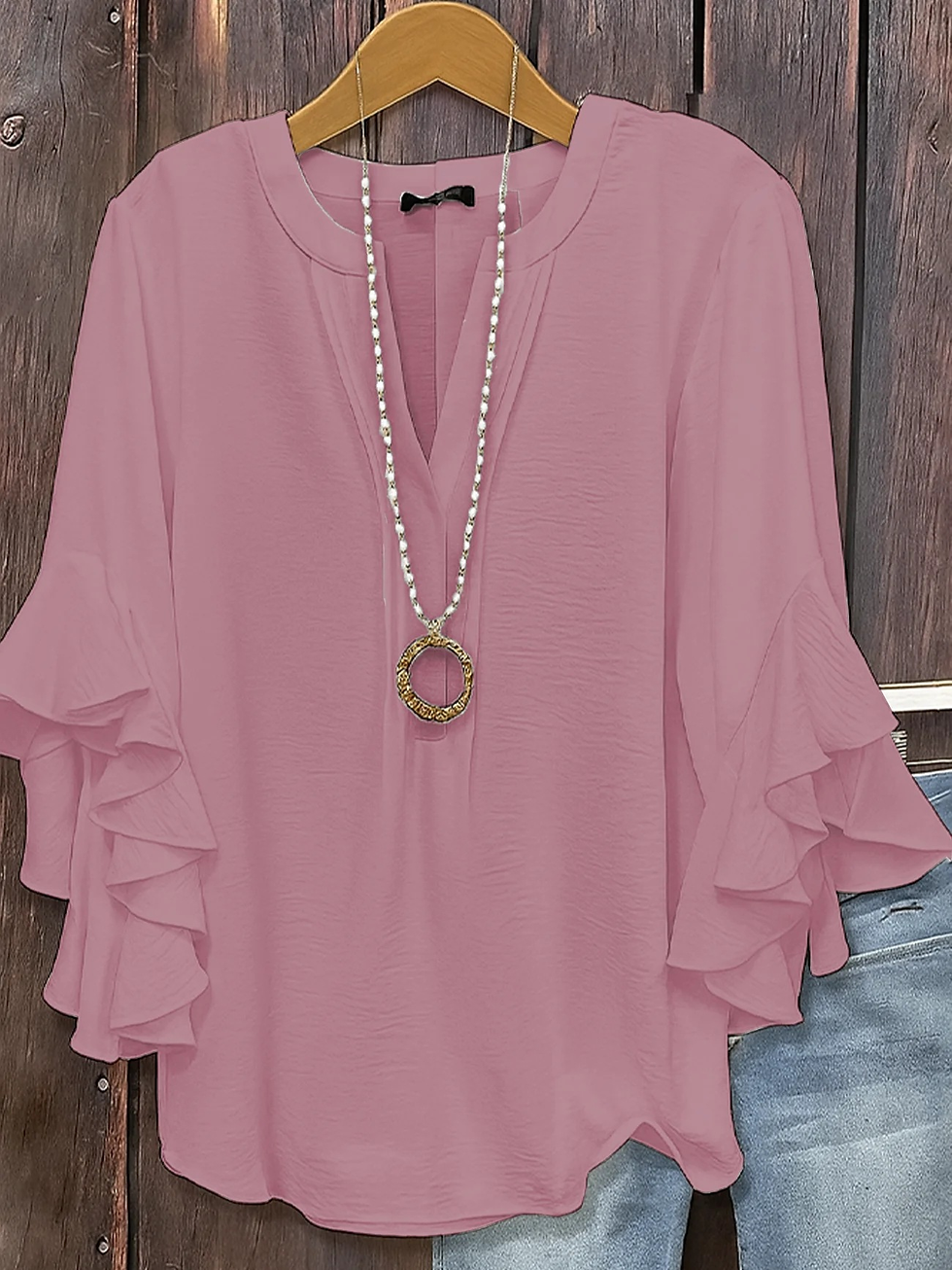 Thumbnail: Women's V Neck Ruffle Sleeve Blouse Split Neck Layered Flare Cuff Casual Loose C