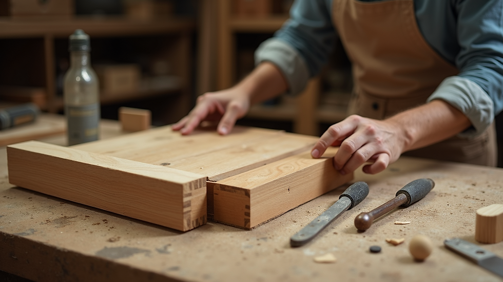 Close-up view of a woodworking bench with tools and a half-finished wooden project