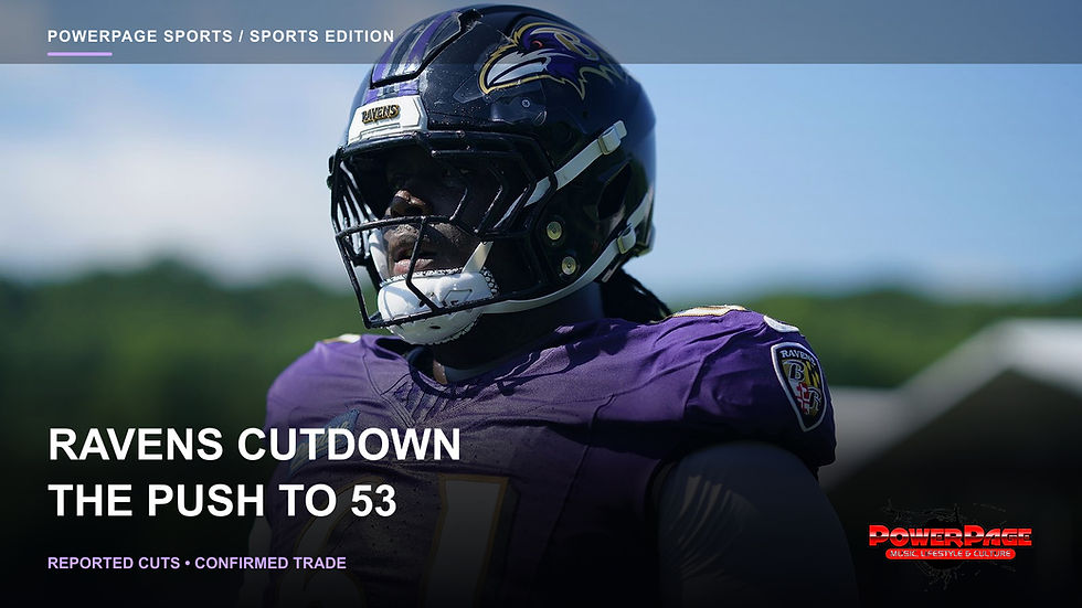 Diego Pounds in a purple No. 61 Ravens practice jersey and black helmet against a blue sky.