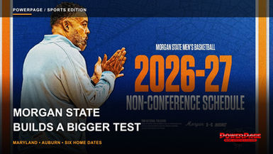 Morgan State men's basketball coach Kevin Broadus beside a graphic listing the Bears' 2026 nonconference schedule
