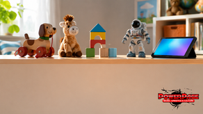 AI-generated editorial concept showing classic toys beside a modern tablet with the PowerPage overlay.