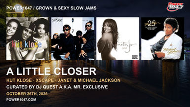 Album covers for Kut Klose, Xscape, Janet Jackson and Michael Jackson above A Little Closer against Baltimore at night.