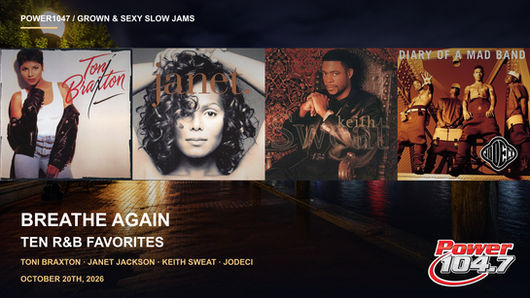 Four album covers featuring Toni Braxton, Janet Jackson, Keith Sweat and Jodeci above Baltimore’s illuminated waterfront.