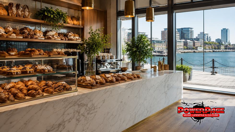 Modern waterfront artisan bakery filled with bread and pastries with the exact official PowerPage logo.