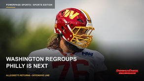Washington guard Sam Cosmi, number 76, looks to his left while wearing a burgundy helmet with a yellow facemask and a white practice jersey.