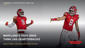 Side-by-side portraits show Maryland tight ends Dorian Fleming in number 9 and Preston Howard in number 8, wearing red jerseys and helmets.
