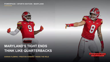 Side-by-side portraits show Maryland tight ends Dorian Fleming in number 9 and Preston Howard in number 8, wearing red jerseys and helmets.