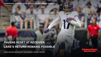 Chris Moore in a white Baltimore Ravens uniform carries the football, with receiver roster-update headlines overlaid.