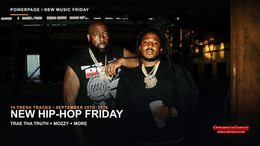 Trae tha Truth and Mozzy stand together indoors beneath New Hip-Hop Friday lettering.